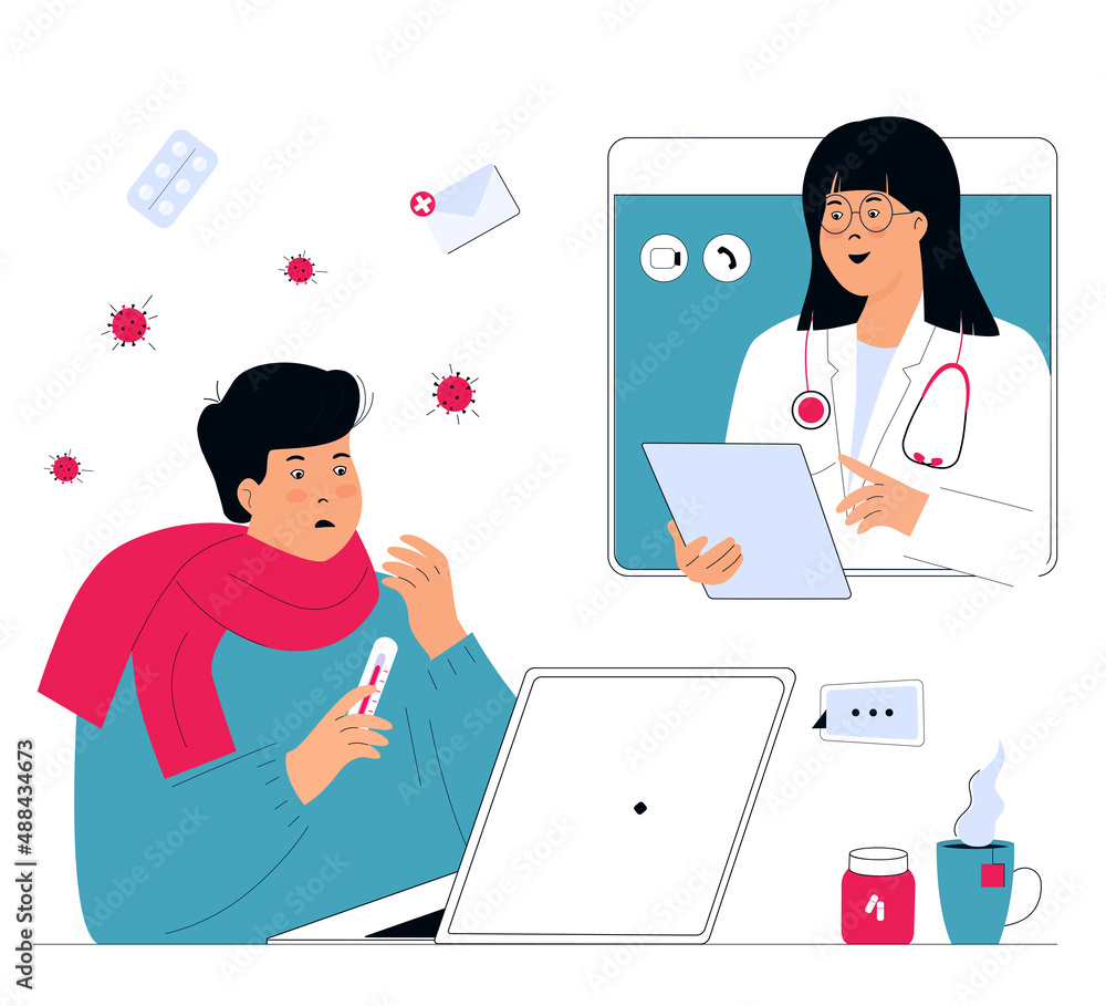 Online doctor consultation. The patient is at a remote appointment with a therapist. Sick man has a conversation with a medical worker by video call using laptop. Telemedicine concept Online doctor consultation. The patient is at a remote appointment with a therapist. Sick man has a conversation with a medical worker by video call using laptop. Telemedicine concept