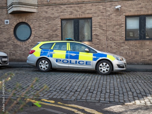 Photography British police emergency response car parked outside police station