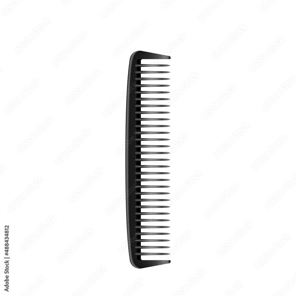 Realistic classic simple black 3d plastic hairdresser comb icon for salon, barbershop