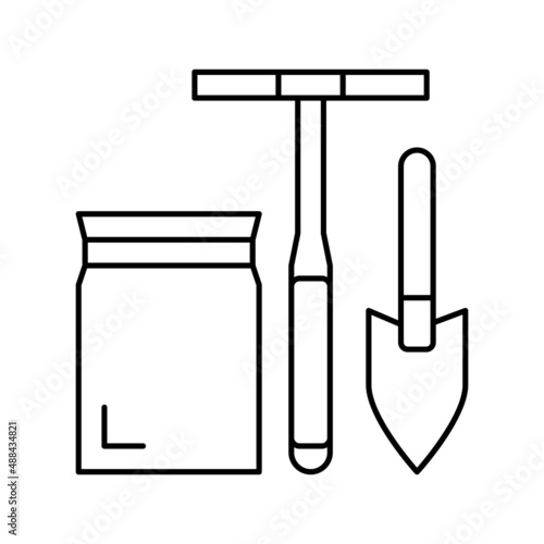 shovel, drill and bag for soil testing line icon vector illustration