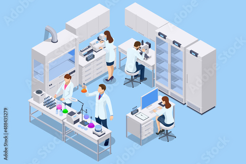 Isometric chemical laboratory concept. Laboratory assistants work in scientific medical chemical or biological lab setting experiments. photo