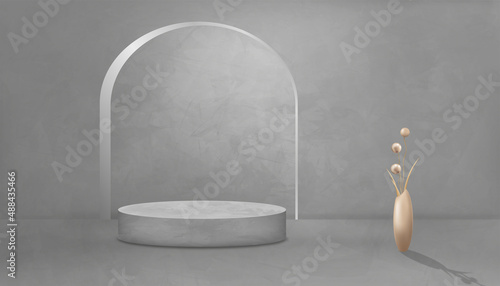Grey Concrete studio room with 3D podium mockuprose gold flower bud in vase,Vector backdrop modern loft design with lighting on back wall and rough gray cement floor, industrial interior background