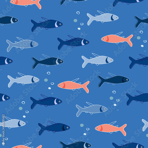 Seamless pattern with marine animals. Sea fish swim underwater. The concept of opposition  individuality  uniqueness. Vector graphics.
