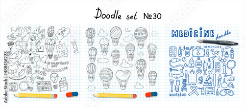 Big doodle medical, Valentine s day and hot air balloons sets. Vector colorful illustration for the holiday on February 14. Hand draw set for pharmacy. Icons for banners, sales, apps, or ads