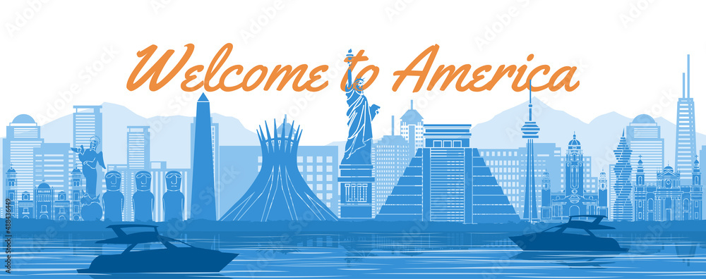 Obraz premium america famous landmark with blue and white color design,vector illustration