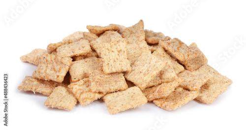 Delicious crispy breakfast cereal on white background