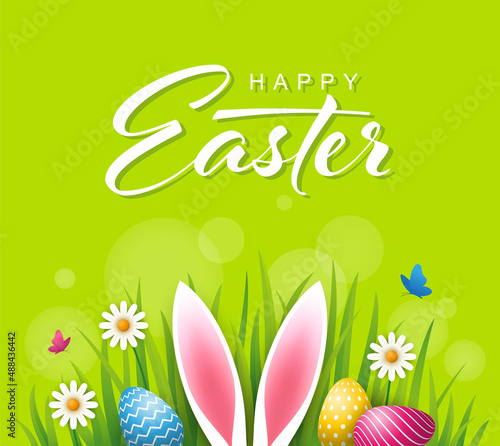 Colorful Easter illustration with bunny ears and eggs in a grass.