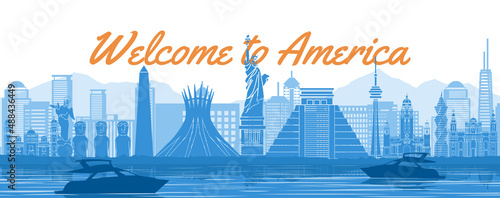 america famous landmark with blue and white color design,vector illustration