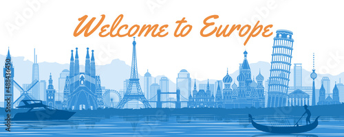 Europe famous landmark with blue and white color design,vector illustration