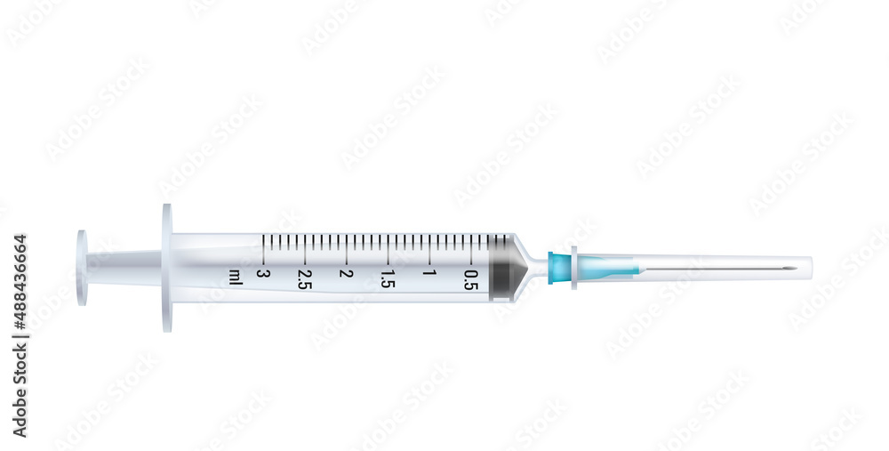 Realistic medical disposable syringe with needle closed with cap. Applicable for blood donation Realistic medical disposable syringe with needle closed with cap. Applicable for blood donation