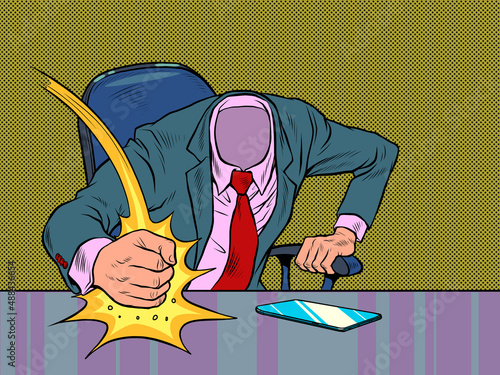 Template the boss without a head gets angry and hits the table with his fist