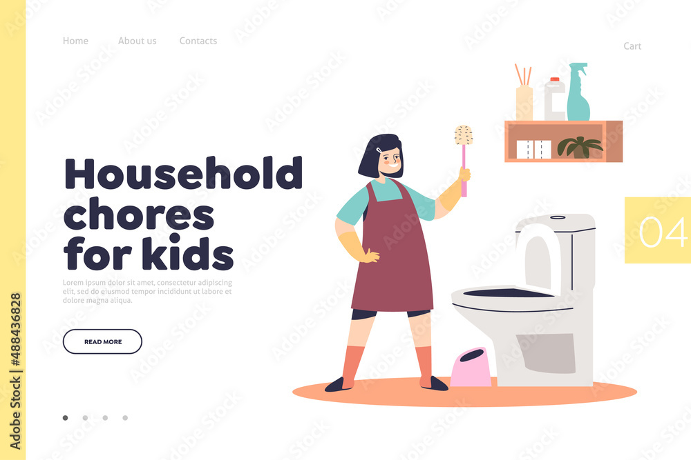 Household chores for kids concept of landing page with girl child cleaning toilet in bathroom Household chores for kids concept of landing page with girl child cleaning toilet in bathroom