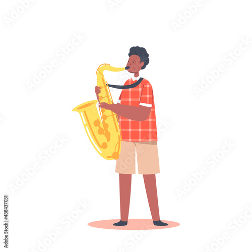 African Boy Playing Saxophone Perform Concert, Blow Musician Composition. Kid Playing Jazz, Music Entertainment