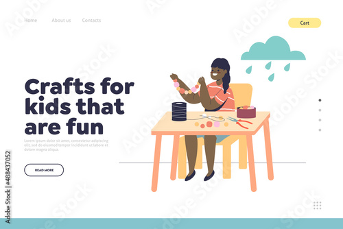 Crafts and fun for kids concept of landing page with little girl making beads bracelets
