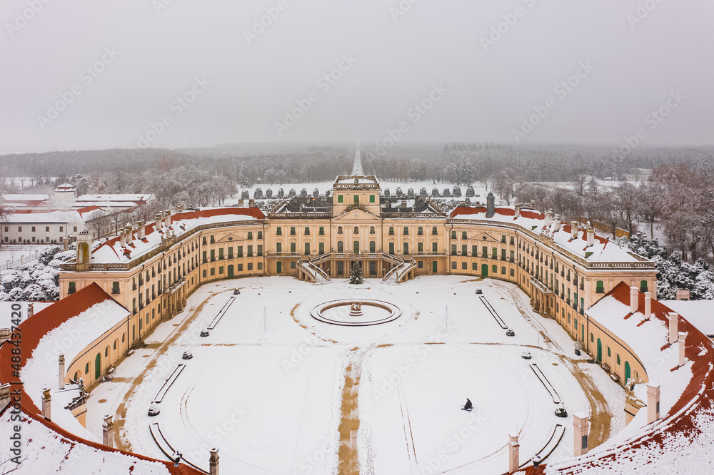 Aerial close up view of the famous Esterhazy castle near Sopron on a snowy winter day.