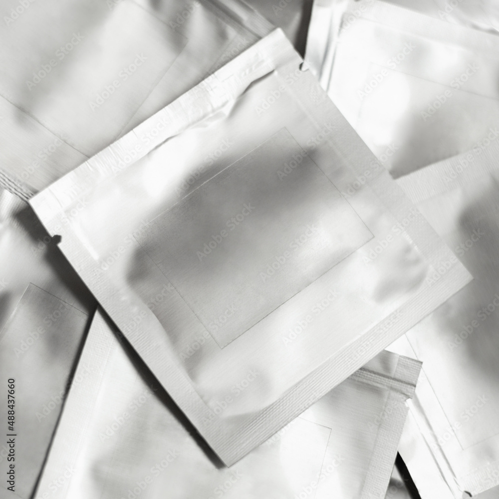Cosmetics testers. Metallic blisters. Closeup mockup.