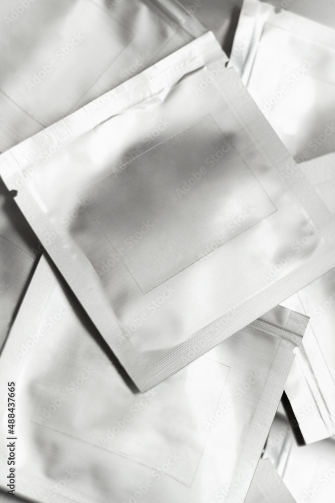 Cosmetics testers. Metallic blisters. Closeup mockup.