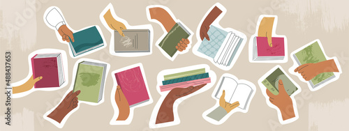 Book exchange concept or set of bookcrossing sticker hand isolated flat cartoon vector illustration. Clip art of student arms holding textbook. Swap literature event, library day, bookshop festival