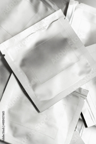 Obraz na płótnie Cosmetics testers. Metallic blisters. Closeup mockup. w salonie