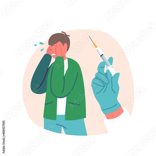 Kids Health Care, Child Afraid of Vaccination Concept. Little Boy Character Crying, Doctor Holding Syringe with Needle