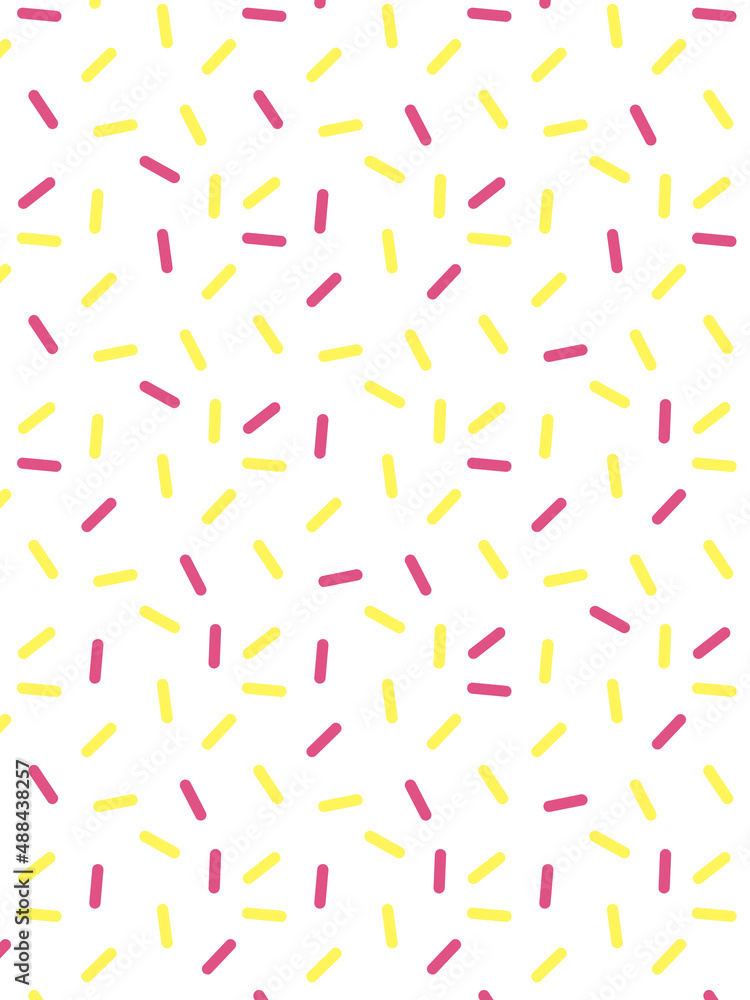 Pink and yellow sweet sprinkles seamless pattern. Sugar doughnut, cupcake confetti glaze background. Abstract dessert backdrop.