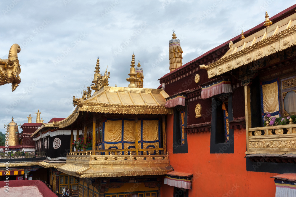 LHASA, TIBET - AUGUST 18, 2018:  Details of the Jokhang Temple in Lhasa, Tibet.
It is one of the famous Buddhist monasteries in Lhasa