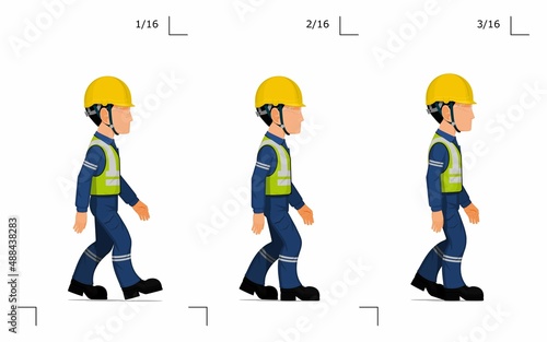 An industrial worker is walking on white background
