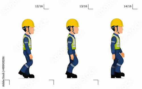 An industrial worker is walking on white background