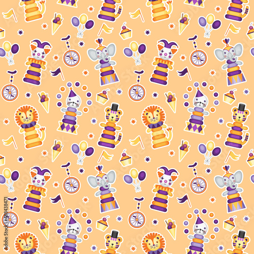 Seamless pattern with children's toys on a orange background in a circus theme. Vector ornament.