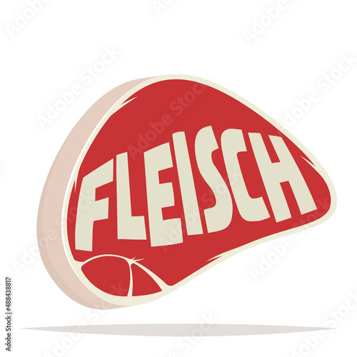 cartoon illustration of a steak with German word for meat in it