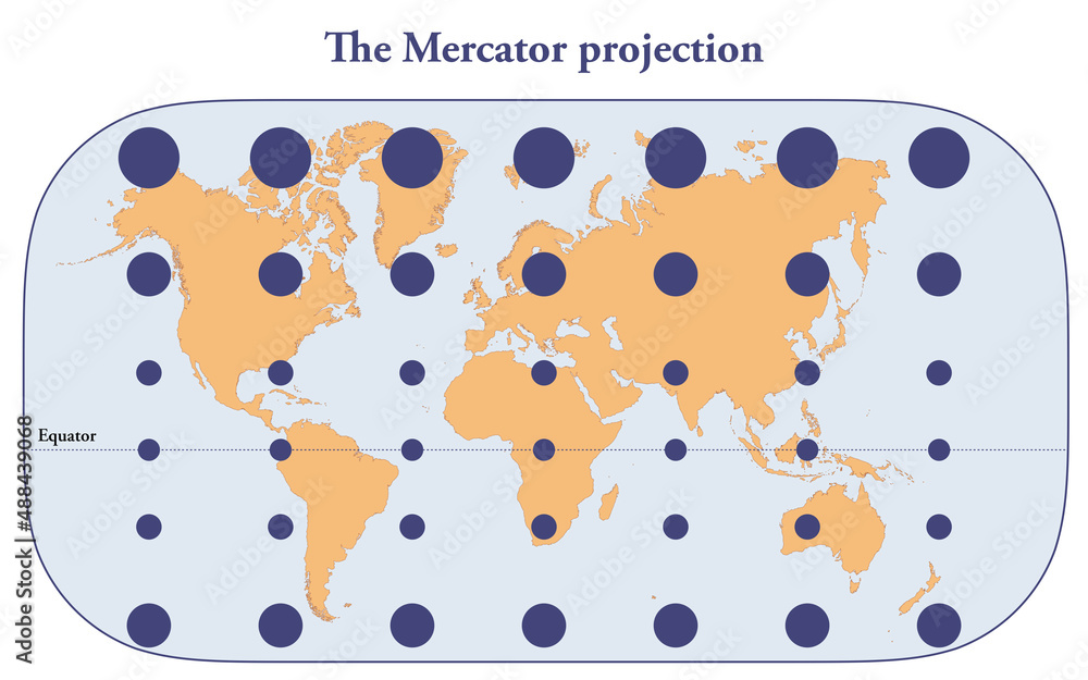 The Mercator projection of the earth and the distortion of sizes far from the equator Stock 