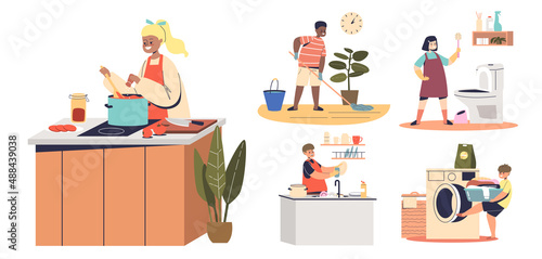 Set of kids helping with housework at home, cooking, cleaning, washing dishes