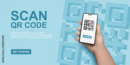 QR code scan service banner. Verification concept. 3d hand with smartphone scans QR code. Template design for website, landing page, ui, social media. Vector illustration