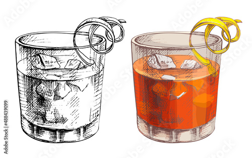 Negroni cocktail with ice cube and twist slice lemon. Vector vintage hatching