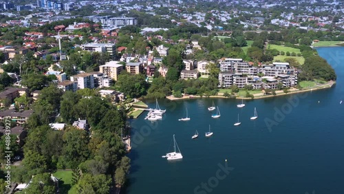 Aerial drone view of Rozelle Bay and Bicentennial Park in Rozelle, Sydney on a sunny morning photo