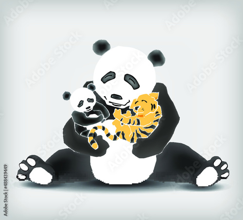 Panda sitting with her child and a little tiger cub. Adoption (legitimization) conceptual vector illustration. Diversity and equality in families concept