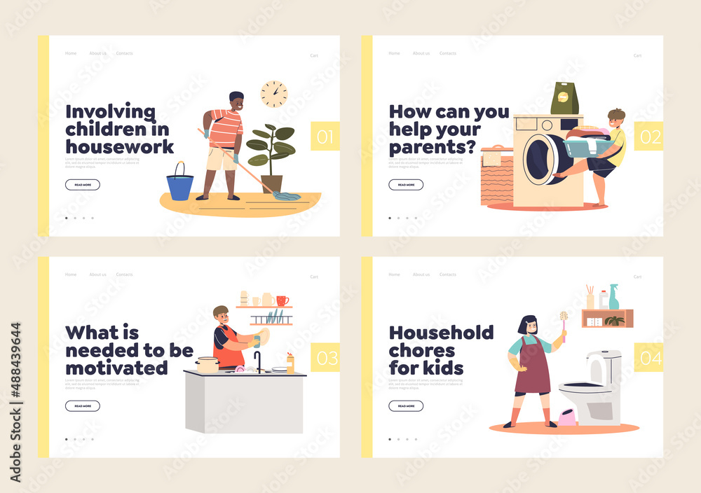 Kids helping parents with household chores concept of template landing pages set