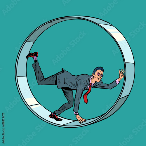A businessman in a squirrel wheel. Routine monotonous work. A man in captivity of his affairs