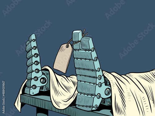 the death robot corpse in the morgue, the tag on the leg. A victim of violence. Death of Technology concept