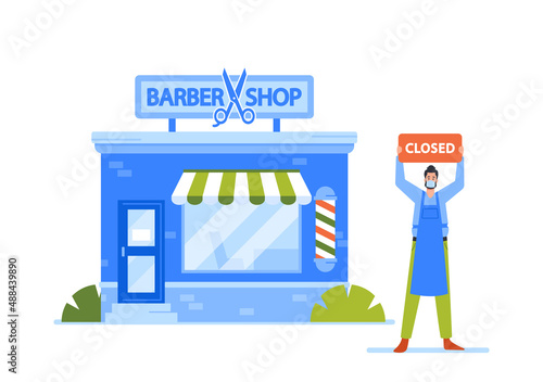 Enterprise Owner Character in Mask with Closed Sign Stand at Bankrupted Barber Shop Building Facade  Business Bankrupt