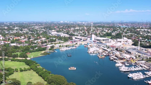 Aerial drone view of Rozelle Bay and Bicentennial Park in Rozelle, Sydney on a sunny morning photo