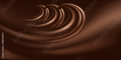 Chocolate background with wave swirls. Milk creamy chocolate, dark brown color flow. Smooth satin texture pattern. Decorative background design for modern banner. Vector illustration