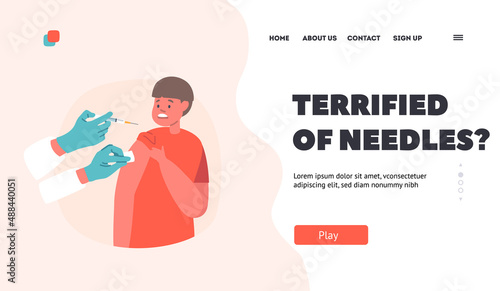 Baby Reaction on Vaccine Shot Landing Page Template. Child Afraid of Vaccination Concept. Little Boy Character Crying