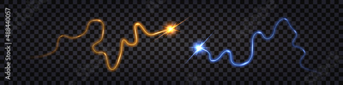 Blue vs yellow elecgric thunder bolt. Impulse discharge with shock light glow effect. Wave swirl cable, shiny trail , isolated on dark transparent background. Vector illustration