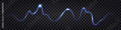 Blue electric discharge, lightning thunder bolt. Wavy swirl cable with glowing shock  light effect and flash explosion. Impulse signal. Techno design abstract vector illustration