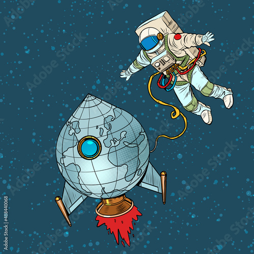 Planet Earth is like a rocket and an astronaut is flying in space. Humanity and the universe concept