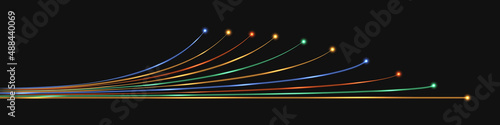 Fiber optic network technology,colorful  impulse cable lines, neon glowing light effect. Dynamic wires. Futuristic design element isolated on black background. Vector illustration