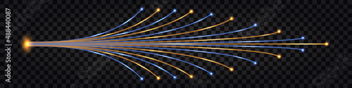 Fibre optic technology. Blue and yellow fiber cable lines with neon glowing light effect. Techno design elemnt, connection and communication, digital design element. Vector illustration