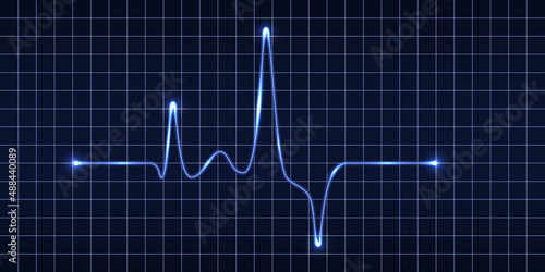 Heart beat pulse monitor, blue electric wave signal, oscilloscope graph. Electrocardiogram line graph with light glow effect. Technology vVector illustration