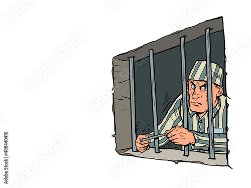 The lawbreaker is in jail. a prisoner in a striped uniform, a dangerous criminal. Escape attempt